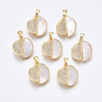 Brass Micro Pave Clear Cubic Zirconia Pendants, with White Sea Shell, Nickel Free, Cross Half Round, Real 18K Gold Plated, 17x15x2mm, Hole: 2x4mm