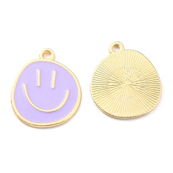 Alloy Enamel Pendants, Golden, Flat Round with Smiling Face Charm, Lilac, 24.5x20x1.5mm, Hole: 2mm