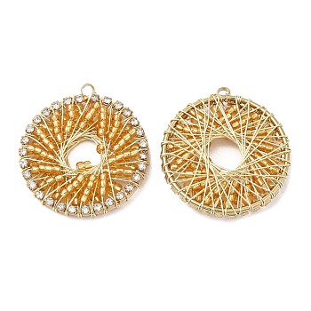 Glass Seed Beads Copper Wire Wrapped Pendants, Flat Round Charms with Light Gold Plated Brass Crystal Rhinestone Frame, Orange, 28x26x5mm, Hole: 1.6mm