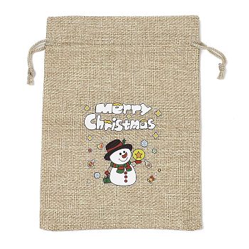 Christmas Printed Burlap Packing Pouches Drawstring Bags, Rectangle, Tan, Snowman, 18x13x0.01cm