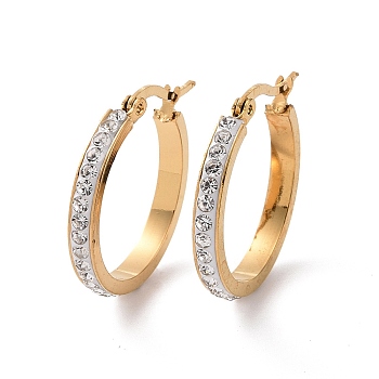 304 Stainless Steel Hoop Earrings, with Polymer Clay and Rhinestone, Ring, Golden, Crystal, 26x25x3.5mm