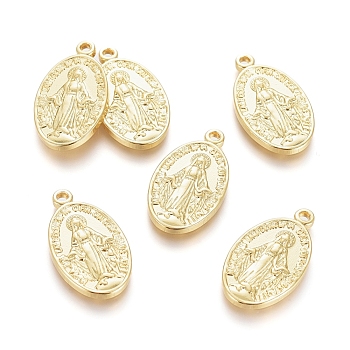 Brass Pendants, Long-Lasting Plated, Miraculous Medal, Oval with Virgin Mary, Real 18K Gold Plated, 20.5x11.5x2mm, Hole: 1.4mm
