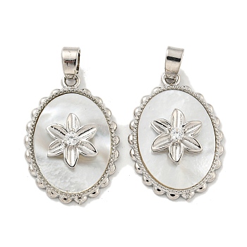 Brass Micro Pave Clear Cubic Zirconia Pendants, with Shell, Oval with Flower, Platinum, 23x15.5x3.5mm, Hole: 5x3mm