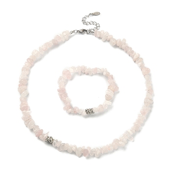 Natural Rose Quartz Chips Beaded Necklace & Stretc Bracelet, Gemstone Jewelry Set, 16-3/8 inch(41.7cm), Inner Diameter: 2 inch(5cm)