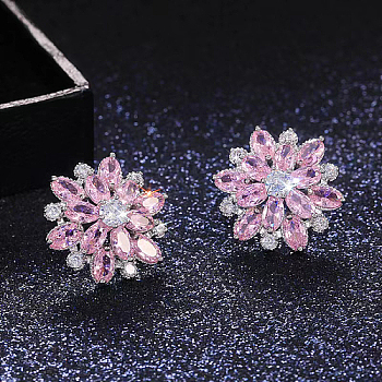 Brass Micro Pave Cubic Zirconia Stud Earrings, Flower, Pink, 20mm