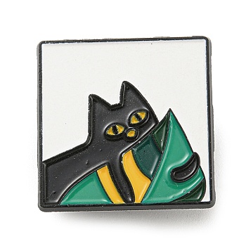 Square with Cat & Monstera Leaf Enamel Pins, Black Alloy Brooch for Backpack Clothes, Medium Sea Green, 25.5x25.5x1mm