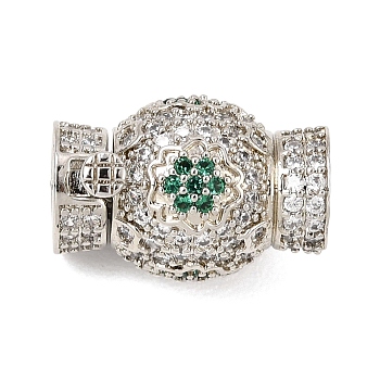 Brass Micro Pave Cubic Zirconia Box Clasps, Round with Flower, Platinum, 17x14x12mm, Hole: 5x1.3mm