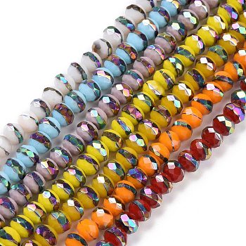 Handmade Porcelain Beads Strands, Facted, Rondelle, Half Plated, Mixed Color, 8x6.5mm, Hole: 1.4mm, about 66pcs/strand, 16.77 inch(42.6cm)