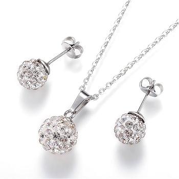 304 Stainless Steel Jewelry Sets, Pendant Necklaces and Ball Stud Earrings, with Polymer Clay Rhinestones, Round, Crystal, 17.7 inch(45cm), 8mm, Pin: 0.8mm