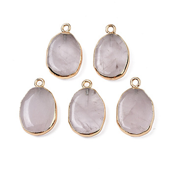 Natural Rose Quartz Pendants, with Light Gold Plated Brass Findings, Oval, 22~22.5x13~13.5x4.5~5mm, Hole: 1.6mm