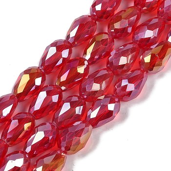 Transparent Electroplate Glass Beads Strands, AB Color Plated, Faceted, Teardrop, Crimson, 15x10mm, Hole: 1.6mm, about 46~48pcs/strand, 27.95''(71cm)