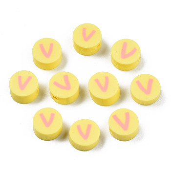 Handmade Polymer Clay Beads, Flat Round with Alphabet, Yellow, Letter.V, 9x3.5~5mm, Hole: 1.6mm