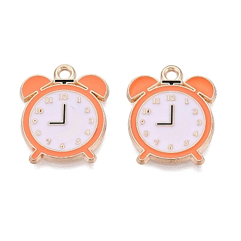 Alloy Enamel Pendants, Clock Charms, Light Gold, Coral, 19.5x16x1mm, Hole: 1.8mm
