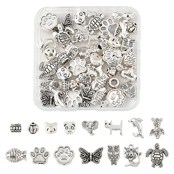45Pcs 15 Styles Tibetan Style Alloy Beads, Mixed Animal Shapes, Antique Silver, 8~18x8~15x2.5~7.5mm, Hole: 1.2~4.5mm, 3pcs/style