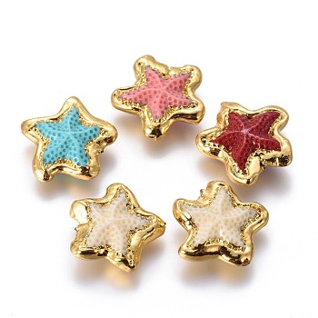 Resin Beads, Imitation Synthetic Coral Beads, with Golden Plated Brass Findings, Starfish/Sea Stars, Mixed Color, 22~23x23~25x7mm, Hole: 0.7mm