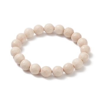 Natural Fossil Bead Stretch Bracelets, Faceted, Round, 2 inch~2-1/8 inch(5.2~5.5cm), Bead: 10mm