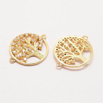 Brass Micro Pave Grade AAA Cubic Zirconia Links, Long-Lasting Plated, Tree of Life, Cadmium Free & Nickel Free & Lead Free, Real 18K Gold Plated, 24x17x2mm, Hole: 1mm