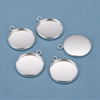 304 Stainless Steel Pendant Cabochon Settings, Plain Edge Bezel Cups, Flat Round, Silver, Tray: 18mm, 24x20x2mm, Hole: 2.2mm