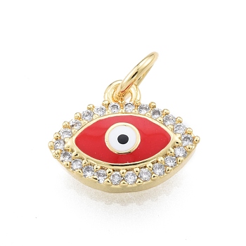 Brass Micro Pave Clear Cubic Zirconia Charms, with Enamel and Jump Rings, Golden, Evil Eye, Red, 10x12x2.5mm, Hole: 3mm