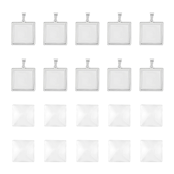 DIY Blank Pendant Making Kit, Including Square 304 Stainless Steel Pendant Cabochon Settings, Glass Cabochons, Stainless Steel Color, 20Pcs/box