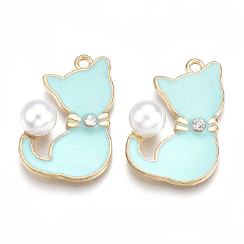Alloy Enamel Kitten Pendants, Cadmium Free & Lead Free, with Rhinestone and ABS Plastic Imitation Pearl, Cat with Bowknot Shape, Light Gold, Crystal, Pale Turquoise, 30x20x9mm, Hole: 2mm