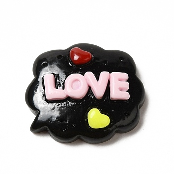 Opaque Resin Cabochons, Cloud with Love, Black, Word, 18x20.5x6mm