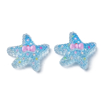 Transparent Epoxy Resin Decoden Cabochons, with Paillettes, Starfish with Bowknot, Deep Sky Blue, 22x22.5x8.5mm