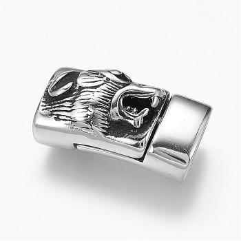 304 Stainless Steel Magnetic Clasps with Glue-in Ends, Rectangle with Tiger Head, Antique Silver, 29.5x16x12.5mm, Hole: 7mm
