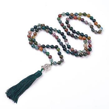 Tassel Pendant Necklaces, with Natural Indian Agate Beads, Buddha Head, 31.1 inch~33 inch(79~84cm)