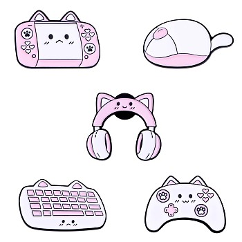 5Pcs 5 Styles Game Handle & Mouse & Keyboard & Handset Enamel Pins, Gold Plated Alloy Badges for Backpack Clothes, Pearl Pink, 15~28x28~30mm, 1Pc/style
