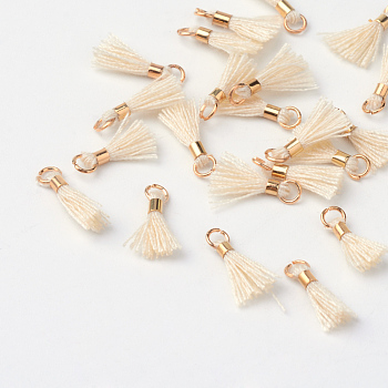 Polycotton(Polyester Cotton) Tassel Pendant Decorations, with Unwelded Iron Jump Rings, Golden, PapayaWhip, 10~16x2mm, Hole: 1.5mm