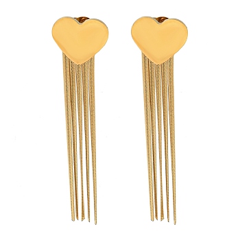 Vacuum Plating Golden 304 Stainless Steel Dangle Stud Earrings, Chains Tassel Earrings, Heart, 58.5x14mm