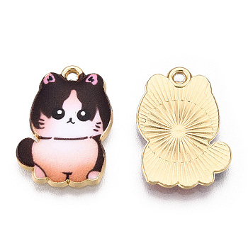 Printed Alloy Pendants, Light Glod, Cat Charms, Coconut Brown, 21x14.5x1.5mm, Hole: 1.4mm