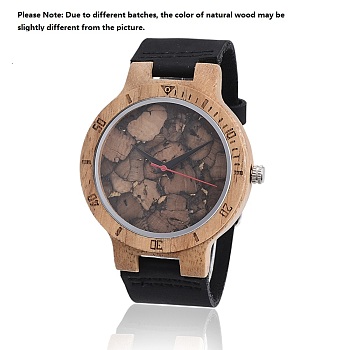 Zebrano Wood Wristwatches, Men Electronic Watch, with Leather Watchbands and Alloy Findings, Black, 260x23x2mm, Watch Head: 56x48x12.5mm, Watch Face: 37mm