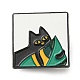 cuadrado con alfileres esmaltados con un gato y una hoja de monstera(JEWB-P024-B01)-1