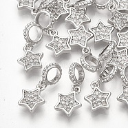 Brass Micro Pave Cubic Zirconia European Dangle Charms, Large Hole Pendants, Star, Clear, Real Platinum Plated, 17mm, Hole: 4mm, Star: 9.5x8x2.5mm(X-KK-T035-121)