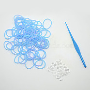 (Defective Closeout Sale), Dyed Rubber Bands Refills, with Tool and Plastic S-Clips, Sky Blue, Hook: 80x6x3mm, Tool: 25x54x7mm, Clip: 11x6x2mm, Band: 6x1mm, about 260pcs/bag(DIY-D004-03)