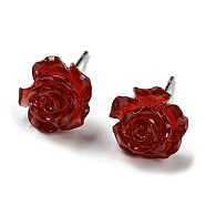 Resin Rose Flower Stud Earrings with 316 Stainless Steel Pins, Dark Red, 9~9.5x9~9.5mm(EJEW-D070-01B)