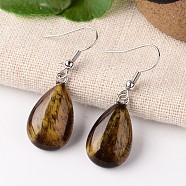 Natural Tiger Eye Teardrop Dangle Earrings, with Platinum Plated Brass Findings, 41mm, Pin: 0.7mm(EJEW-J089-05)