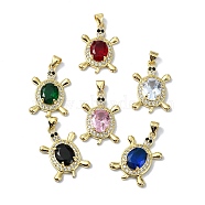 Rack Plating Real 18K Gold Plated Brass Micro Pave Cubic Zirconia Pendants, with Glass, Long-Lasting Plated, Lead Free & Cadmium Free, Turtle, Mixed Color, 24x16.5x5.5mm, Hole: 3x3.5mm(KK-B084-06G)