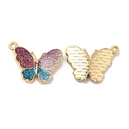 Alloy Enamel Pendants, with Glitter Powder, Long-Lasting Plated, Cadmium Free & Nickel Free & Lead Free, Golden, Butterfly Charm, Old Rose, 15x20x3.6mm, Hole: 1.2mm(ENAM-K069-31G-02)