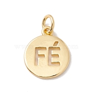 Brass Charms, with Jump Ring, Lead Free & Cadmium Free, Flat Round with Word Fe, Real 18K Gold Plated, 14.5x12x1.4mm, Hole: 3.2mm(KK-G415-02G)