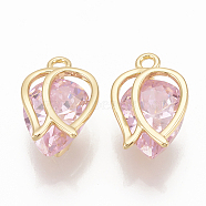 Brass Cubic Zirconia Charms, Flower, Real 18K Gold Plated, Pearl Pink, 12x8x5mm, Hole: 1mm(X-ZIRC-Q014-093G-06)