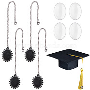 Alloy Graduation Cap Brim Chains Tassel Photo Charms, with Glass Cabochons, Oval, Electrophoresis Black, 260x3mm, Tray: 25.5x18.5mm, 4 sets/box(DIY-SC0020-64)