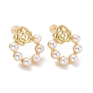 Plastic Pearl Beaded Ring with Flower Stud Earrings, Brass Jewelry for Women, Cadmium Free & Lead Free, Light Gold, 16x13.5x4mm, Pin: 0.9mm(EJEW-A072-02LG)