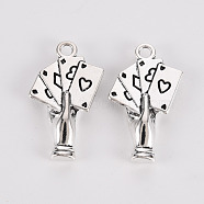 Tibetan Style Alloy Pendants, Lead Free & Cadmium Free, Hand with Poker, Antique Silver, 24.5x14x3.5mm, Hole: 2mm, about 290cs/500g(TIBE-N010-41AS-RS)