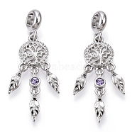 Rack Plating Alloy European Dangle Charms, with Tanzanite Rhinestone, Large Hole Pendants, Cadmium Free & Nickel Free & Lead Free, Woven Net/Web with Feather, Platinum, 45mm, Hole: 5mm, Feather: 12x4x4mm(MPDL-N039-063P)