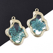 Epoxy Resin Pendants, with Dried Flower Inside and Light Gold Plated Alloy Open Back Bezel, Nuggets, Dark Turquoise, 35x26x1.5mm, Hole: 1.6mm(RESI-T045-028A)