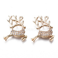 Brass Micro Pave Clear Cubic Zirconia Pendants, Long-Lasting Plated, Cadmium Free & Lead Free, Christmas Reindeer/Stag, Light Gold, 18.5x15.5x3mm, Hole: 1mm(KK-S359-118-RS)