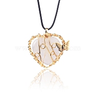 Natural Quartz Crystal Metal Wire Wrapped Heart Pendants, Golden Plated Butterfly Charms, 42x37mm(PW-WG13885-06)